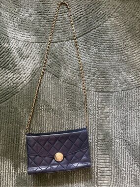 St. John Quilted Navy Crossbody Bag with Gold Chain and Medallion Detail